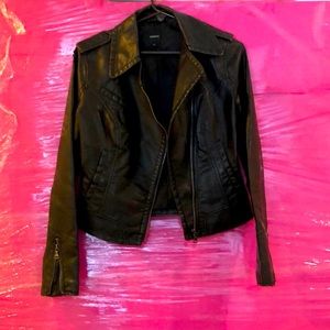 Women’s EXPRESS dark polyurethane leather coat, size small.